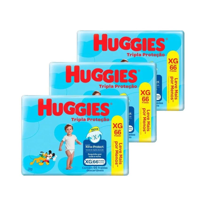 Huggies Fralda Descartável Hiper Tripla Proteção Tamanho Xg - 3 Pacotes com 66 Fraldas - Total 198 Tiras