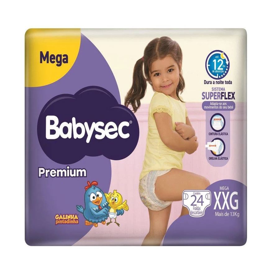 Babysec Fralda Descartável Premium Mega Tamanho Xxg - 6 Pacotes com 24 Fraldas - Total 144 Tiras