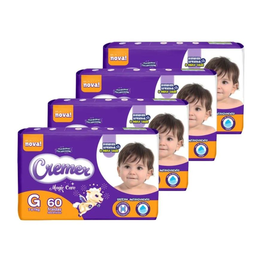 Cremer Fralda Descartável Tamanho G - 4 Pacotes com 60 Fraldas - Total 240 Tiras