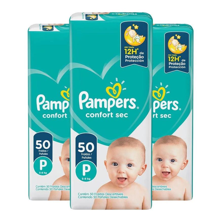 Pampers Fralda Descartável Confort Sec Tamanho P - 3 Pacotes com 50 Fraldas - Total 150 Tiras