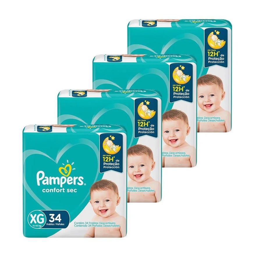 Pampers Fralda Descartável Confort Sec Tamanho Xg - 4 Pacotes com 34 Fraldas - Total 136 Tiras