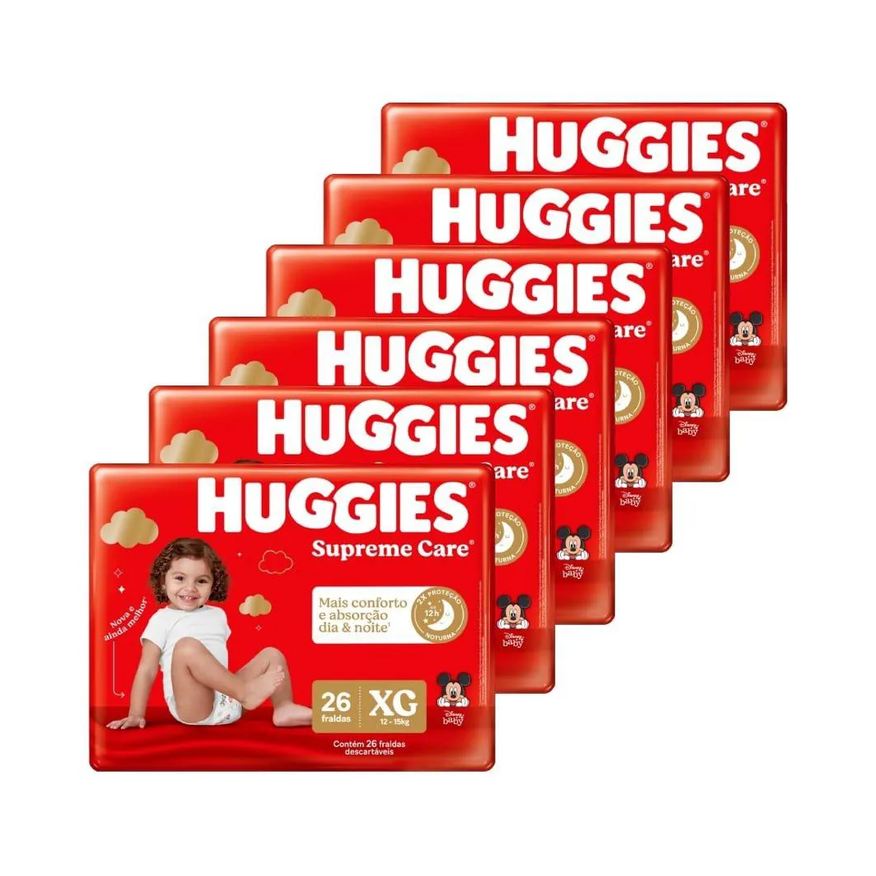 Huggies Fralda Descartável Supreme Care Tamanho Xg - 6 Pacotes com 26 Fraldas - Total 156 Tiras