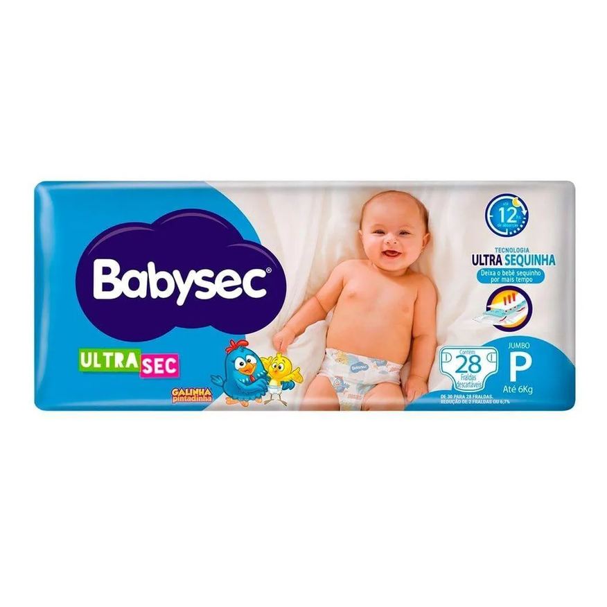 Babysec Fralda Descartável Galinha Pintadinha Ultra Sec Jumbo Tamanho P - 8 Pacotes com 28 Fraldas - Total 224 Tiras