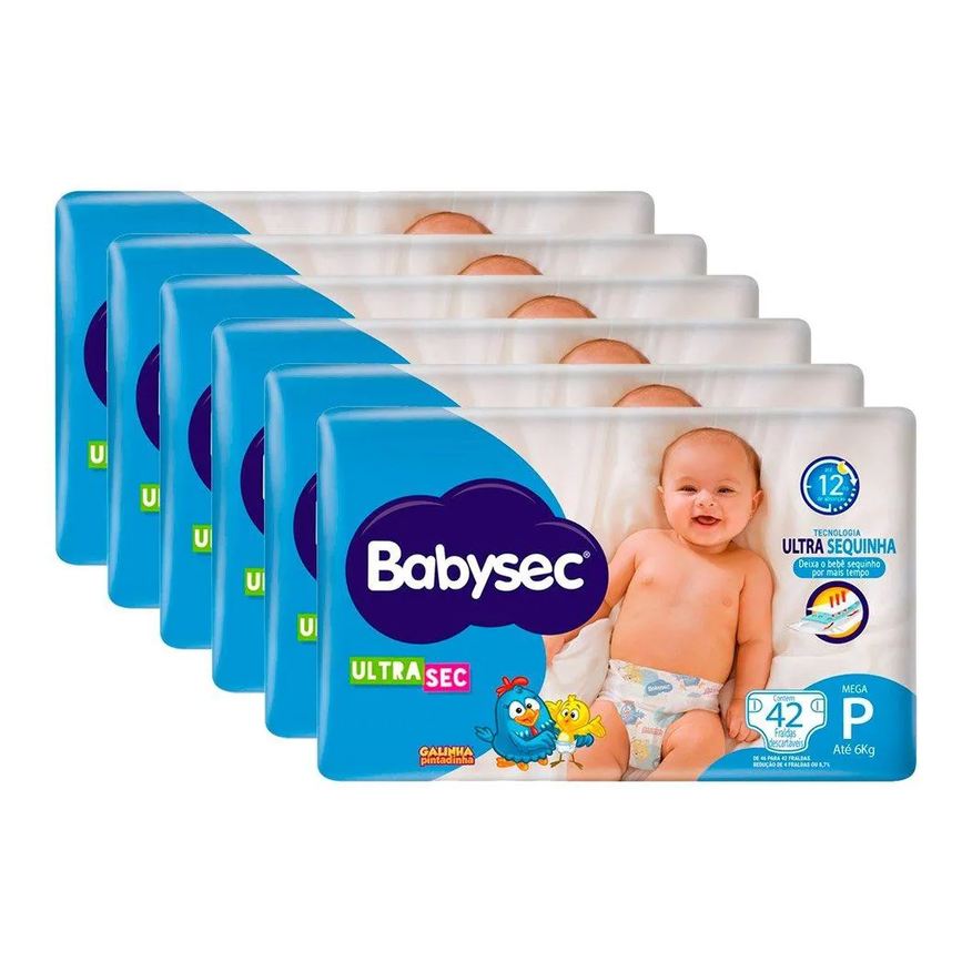 Babysec Fralda Descartável Ultra Mega Galinha Pintadinha Tamanho P - 6 Pacotes com 42 Fraldas - Total 252 Tiras