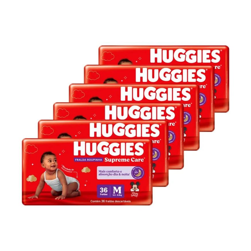Huggies Fralda Descartável Disney Roupinha Supreme Tamanho M - 6 Pacotes com 36 Fraldas - Total 216 Tiras