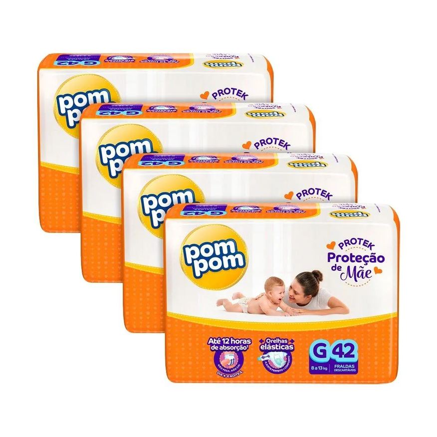 Pom Pom Fralda Descartável Derma Protek Mega Tamanho G - 4 Pacotes com 42 Fraldas - Total 168 Tiras