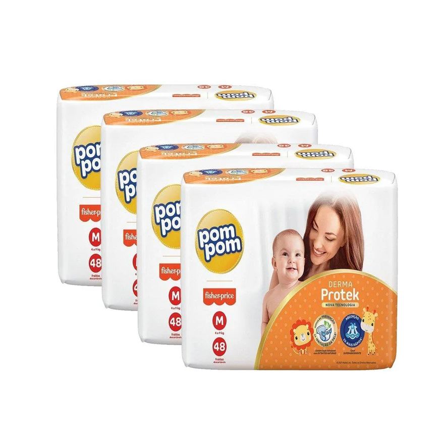 Pom Pom Fralda Descartável Derma Protek Mega Tamanho M - 4 Pacotes com 48 Fraldas - Total 192 Tiras