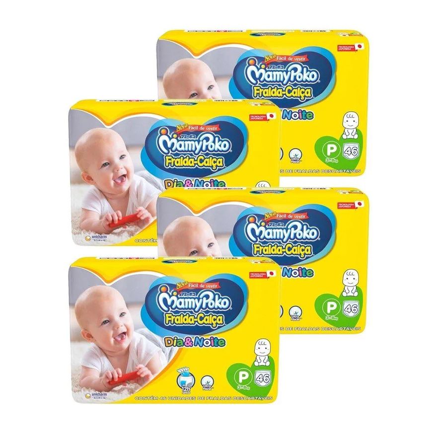 Mamypoko Fralda Descartável Calça Dia & Noite Jumbo Tamanho P - 4 Pacotes com 46 Fraldas - Total 184 Tiras