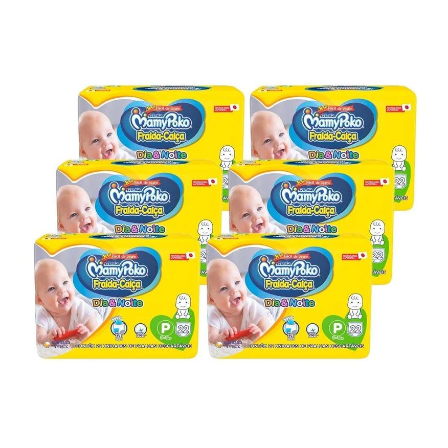 Mamypoko Fralda Descartável Calça Dia & Noite Tamanho P - 6 Pacotes com 22 Fraldas - Total 132 Tiras