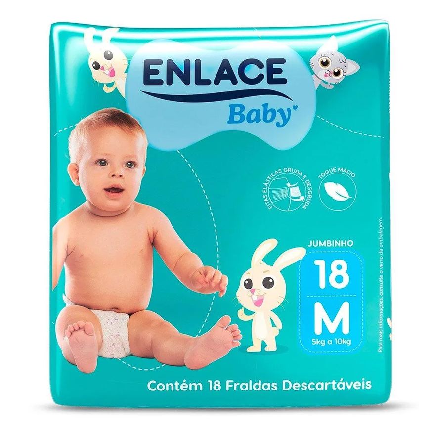 Enlace Fralda Descartável Baby Jumbinho Tamanho M - 9 Pacotes com 18 Fraldas - Total 162 Tiras