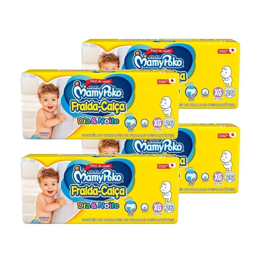 Mamypoko Fralda Descartável Calça Dia & Noite Jumbo Tamanho Xg - 4 Pacotes com 26 Fraldas - Total 104 Tiras