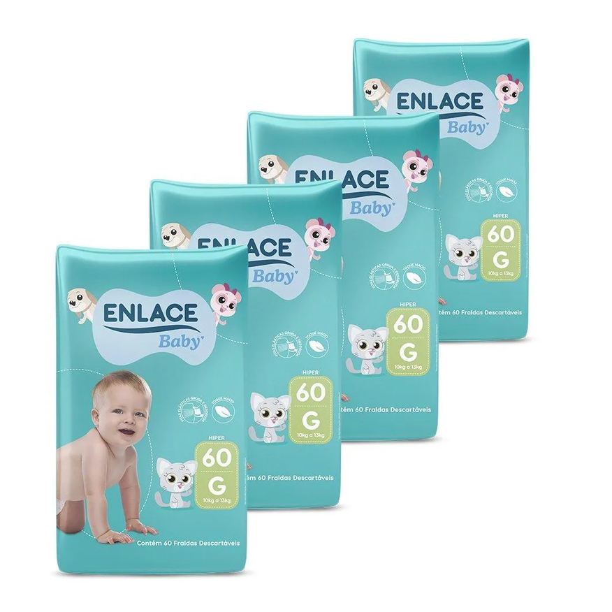 Enlace Fralda Descartável Baby Hiper Tamanho G - 4 Pacotes com 60 Fraldas - Total 240 Tiras