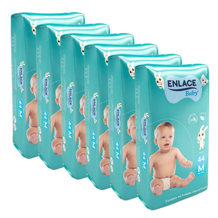 Enlace Fralda Descartável Baby Mega Tamanho M - 6 Pacotes com 44 Fraldas - Total 264 Tiras