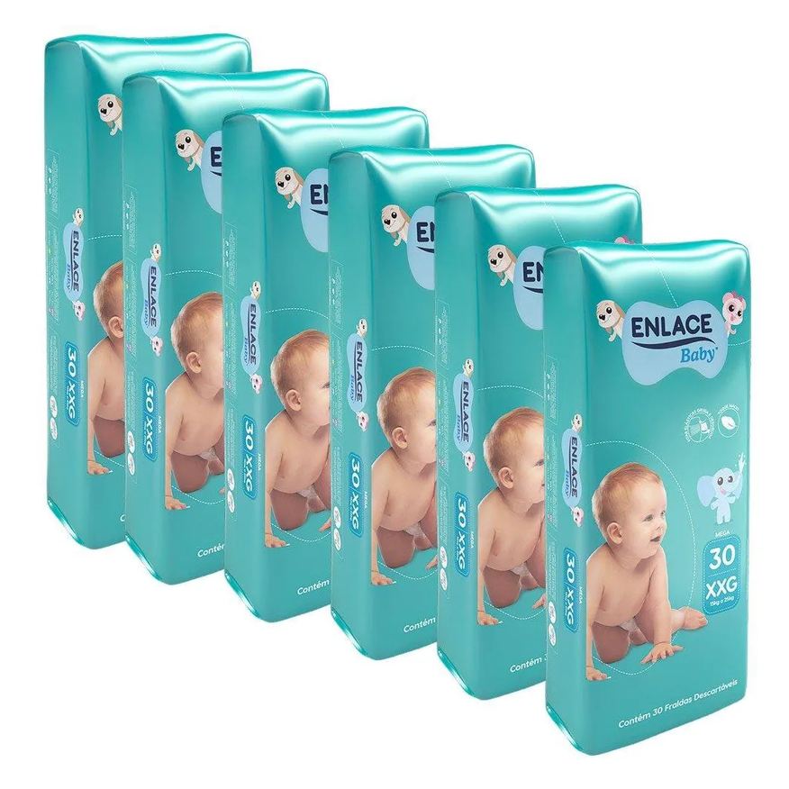 Enlace Fralda Descartável Baby Mega Tamanho Xxg - 6 Pacotes com 30 Fraldas - Total 180 Tiras