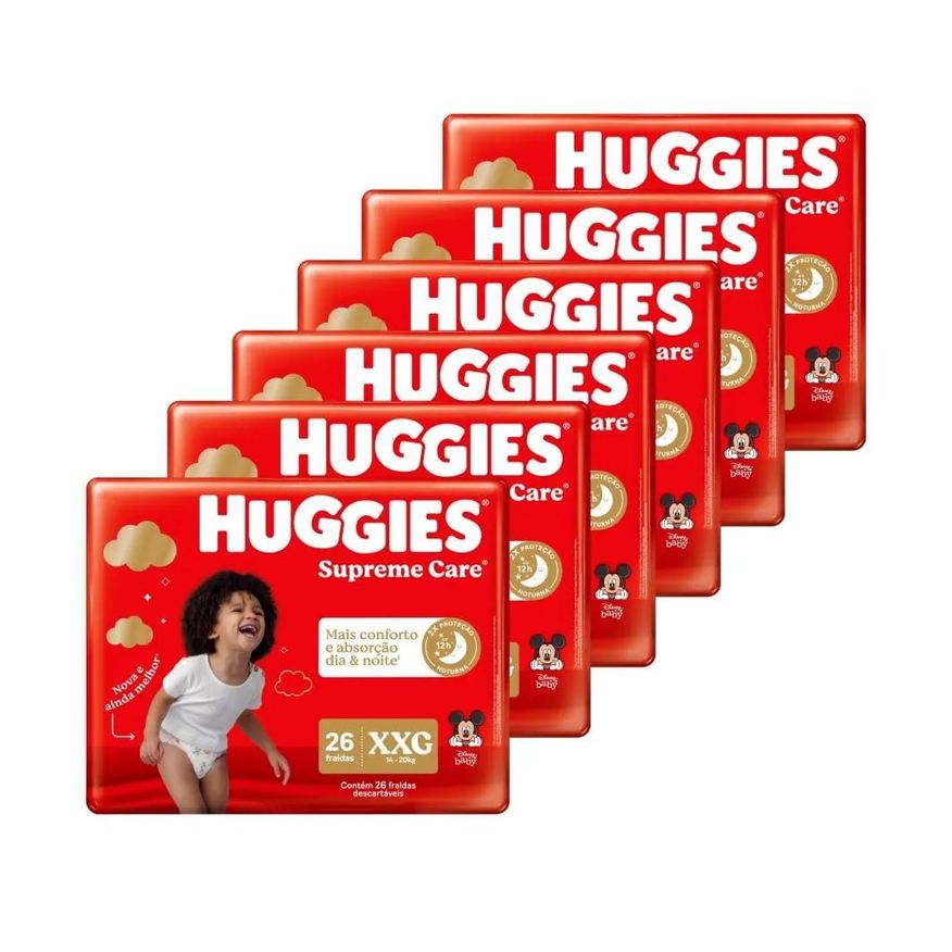 Huggies Fralda Descartável Supreme Care Mega Tamanho Xxg - 6 Pacotes com 26 Fraldas - Total 156 Tiras