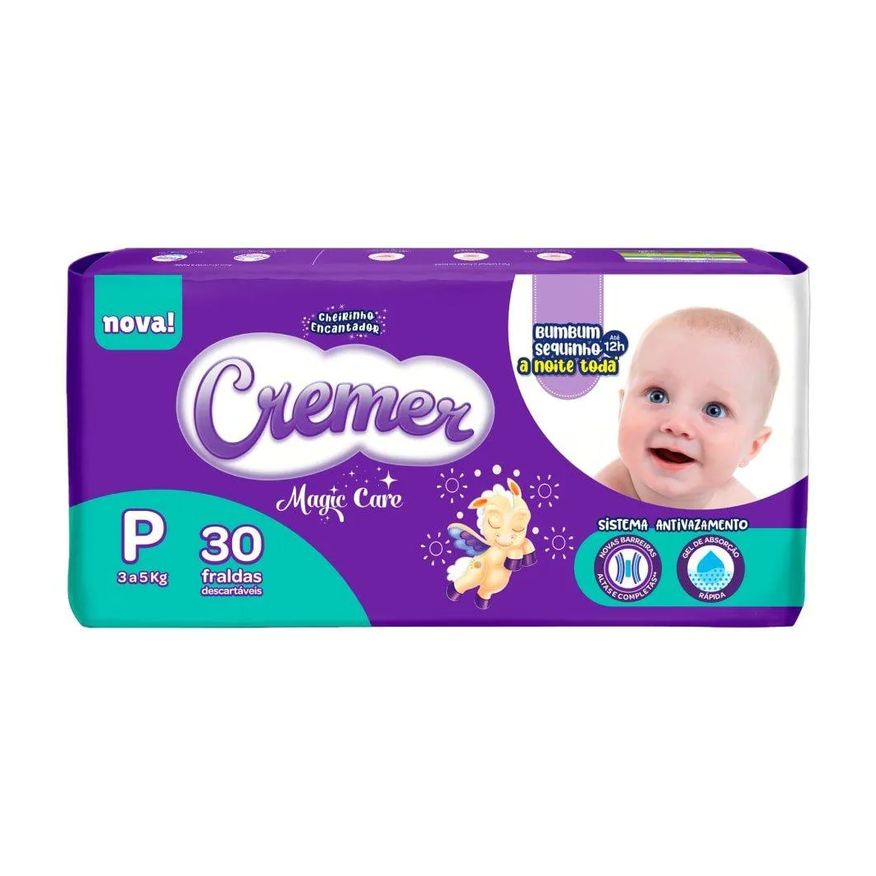 Cremer Fralda Descartável Jumbo Tamanho P - 8 Pacotes com 30 Tiras - Total 240 Tiras