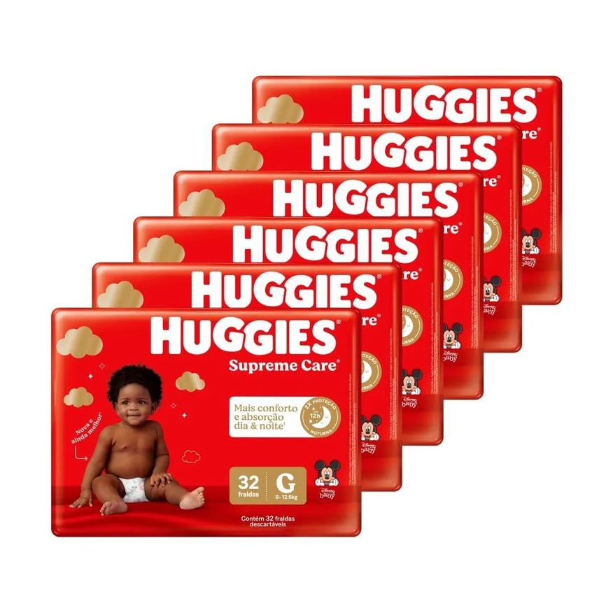 Huggies Fralda Descartável Supreme Care Tamanho G - 6 Pacotes com 32 Fraldas - Total 192 Tiras