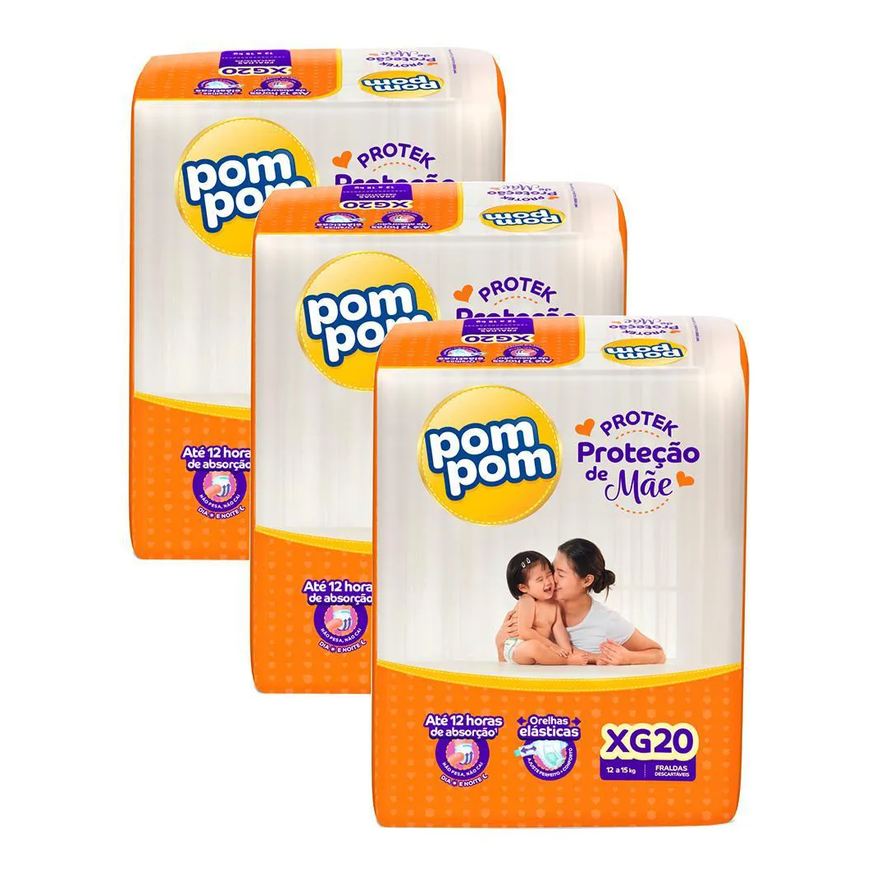 Pom Pom Kit 3 Fraldas Protek Proteção de Mãe Jumbo Xg com 20un Cada