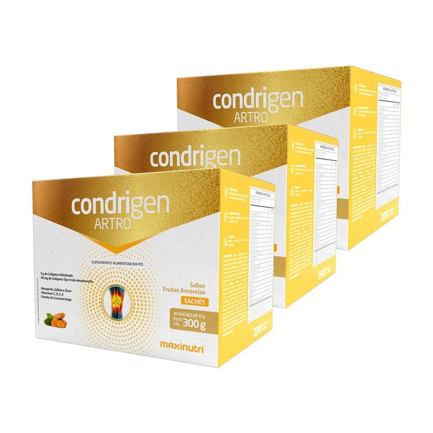 MAXINUTRI KIT 3 CONDRIGEN ARTRO COLáGENO TIPO 1 E TIPO 2 SACHêS FRUTAS AMARELAS