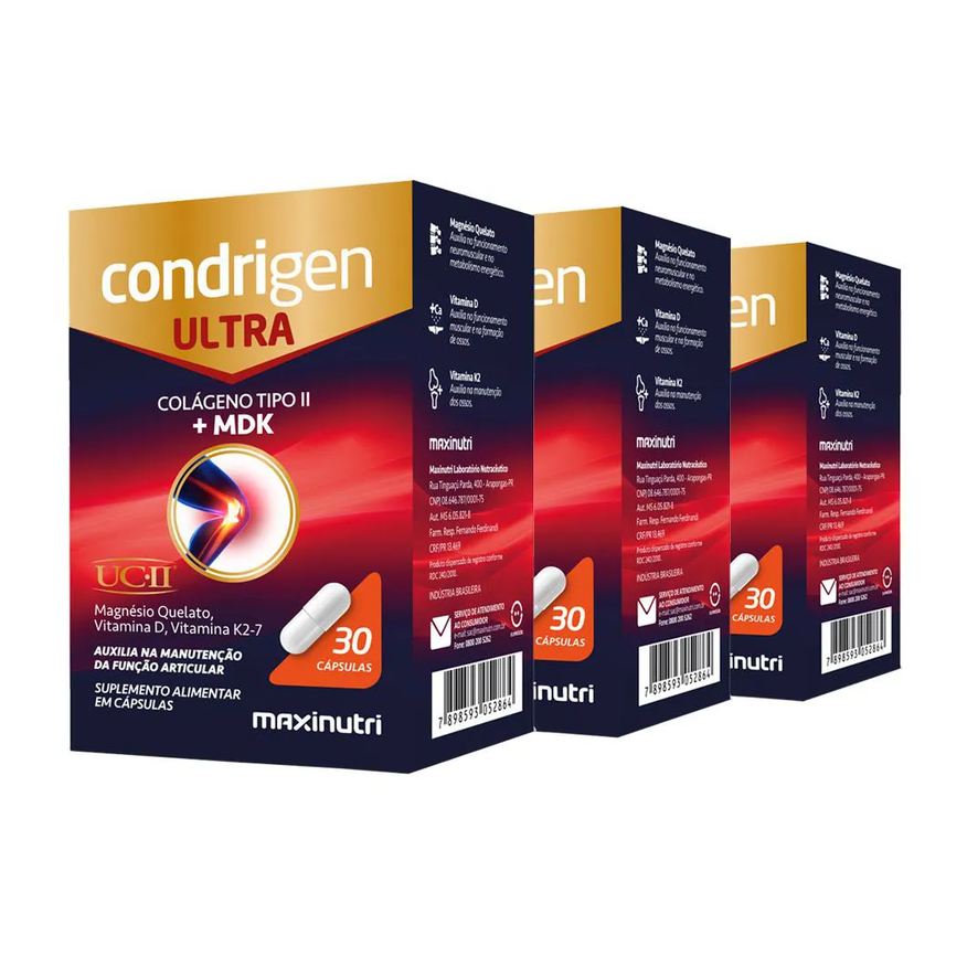 MAXINUTRI KIT 3 CONDRIGEN ULTRA COLáGENO 2 UCII + MAGNéSIO QUELATO VITAMINA K2-7 30 Cápsulas