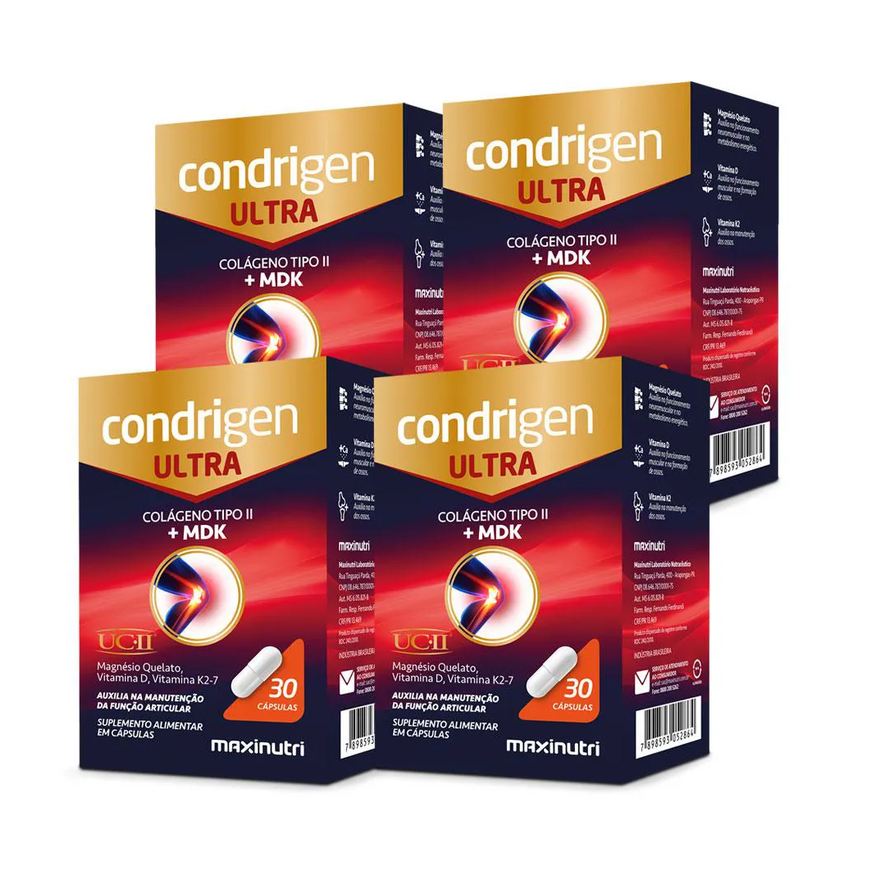 Maxinutri Kit 4 Condrigen Ultra Colágeno 2 Ucii + Magnésio Quelato Vitamina K2 - 7 30 cápsulas