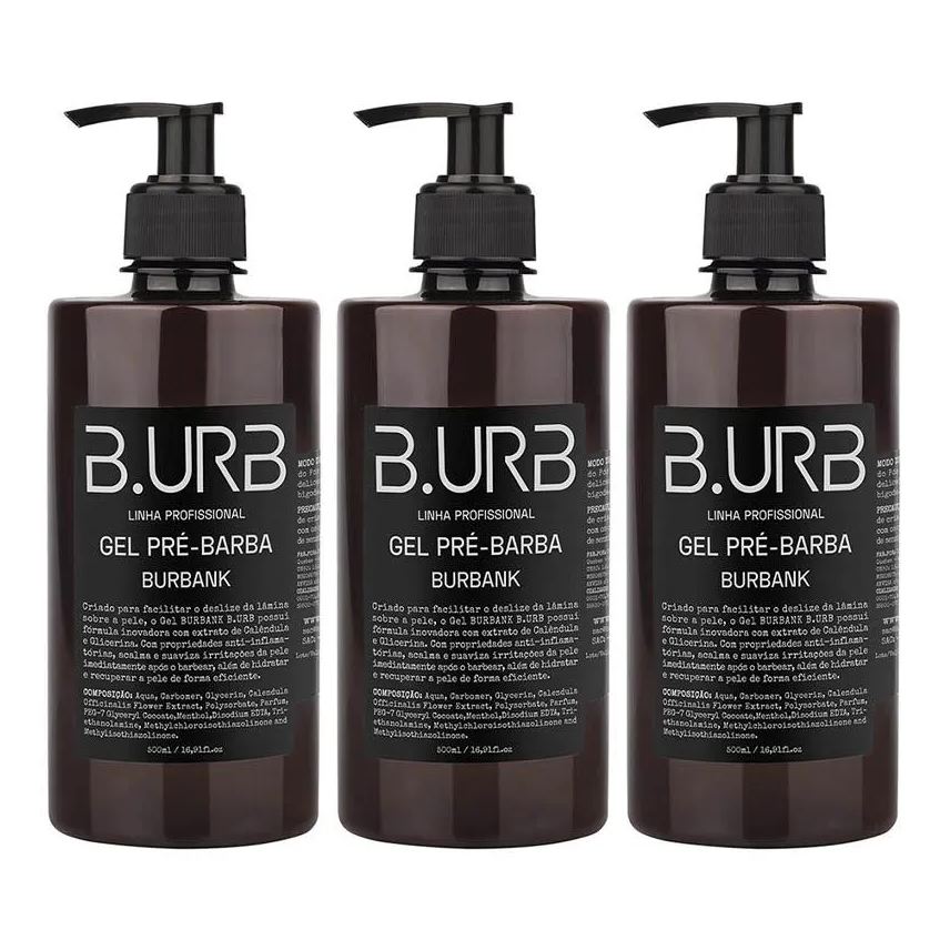 B.urb Kit 3 Gel Pré Barba Burbank 500ml Profissional Bancada Barbearia Barba Urbana