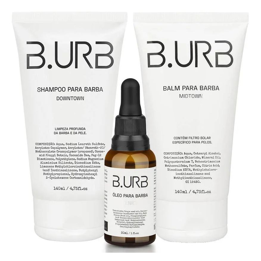B.urb Kit Shampoo Downtown + Balm Midtown + Óleo Venice Café e Baunilha Barba Urbana