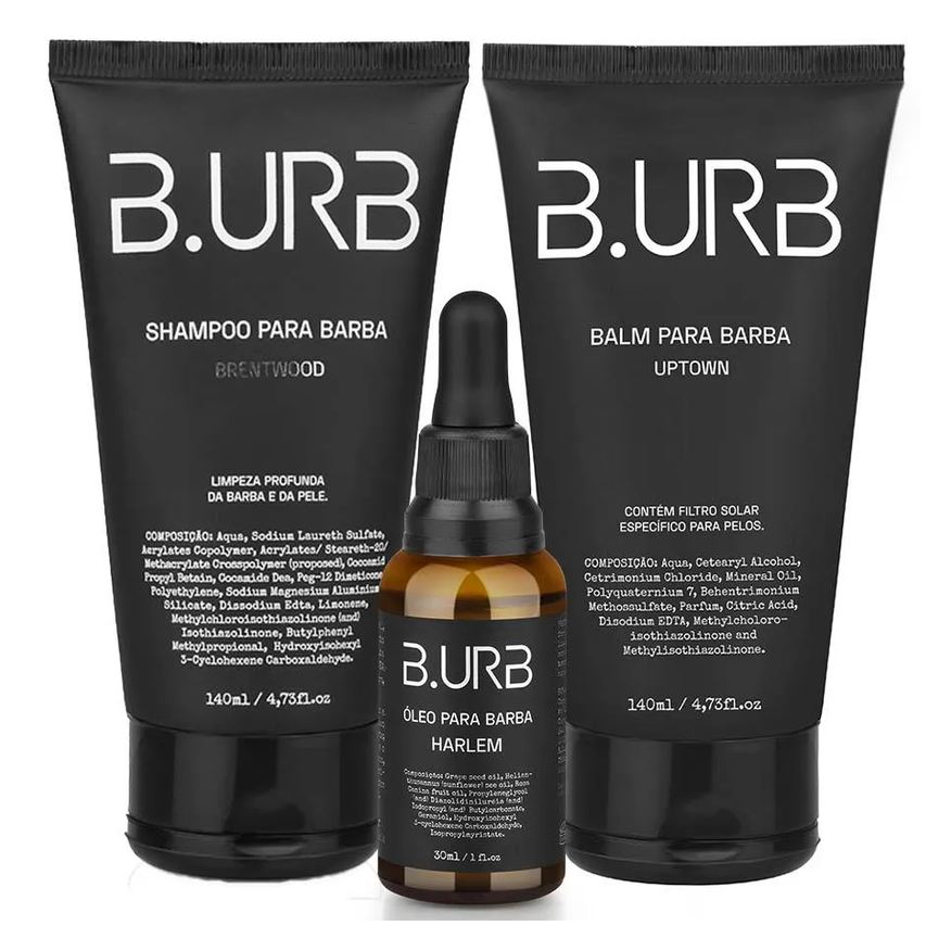 B.urb Kit Shampoo Brentwood + Balm Uptown + Óleo Harlem Amadeirado Barba Urbana