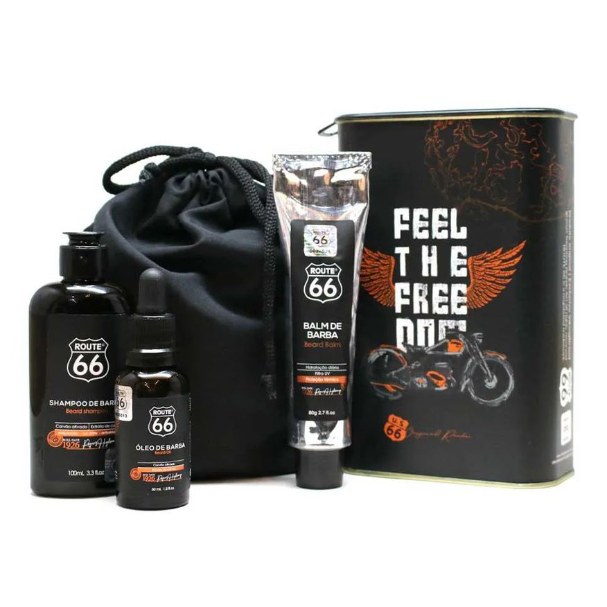 Viking Kit Barba Route 66: Shampoo + Balm + Óleo + Bag + Lata (consulte Estampa)