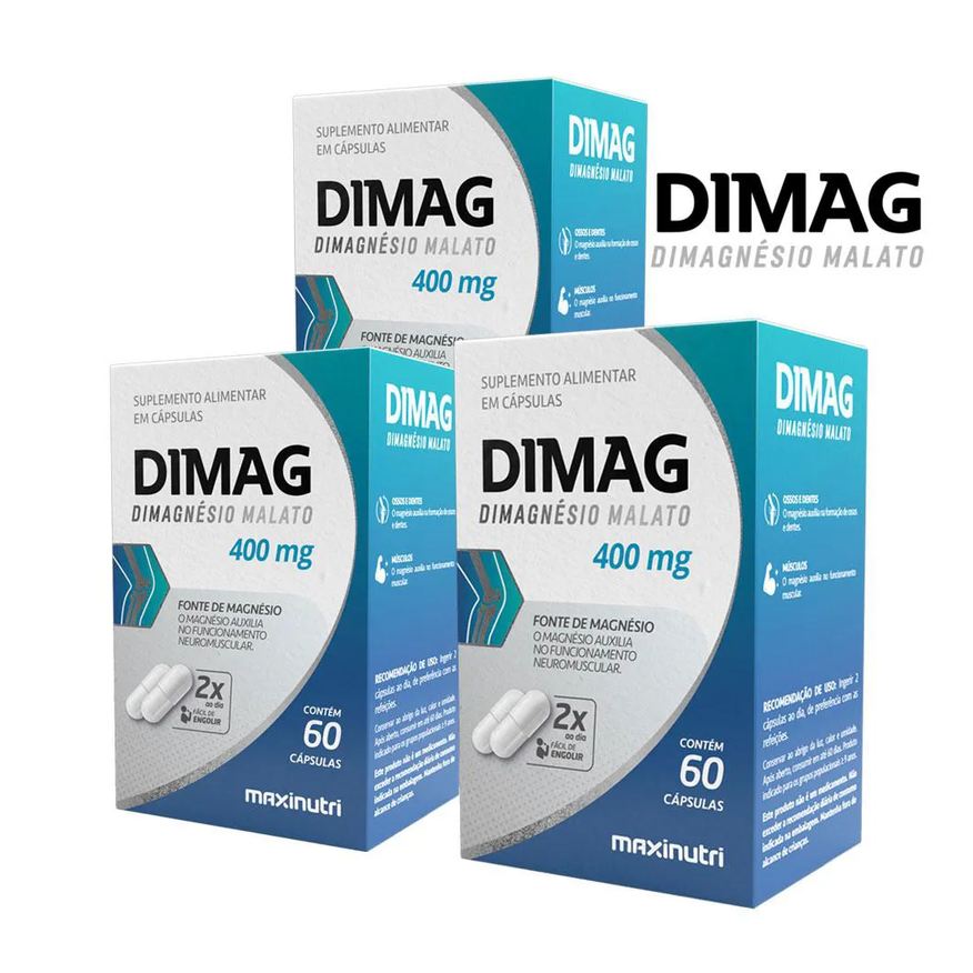 MAXINUTRI KIT 3 SUPLEMENTO MINERAL DIMAG DIMALATO DE MAGNéSIO 400mg 60 Cápsulas