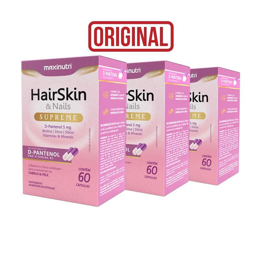 Maxinutri Kit 3 Hairskin Supreme D - Pantenol Biotina E Nutrientes 60 cápsulas