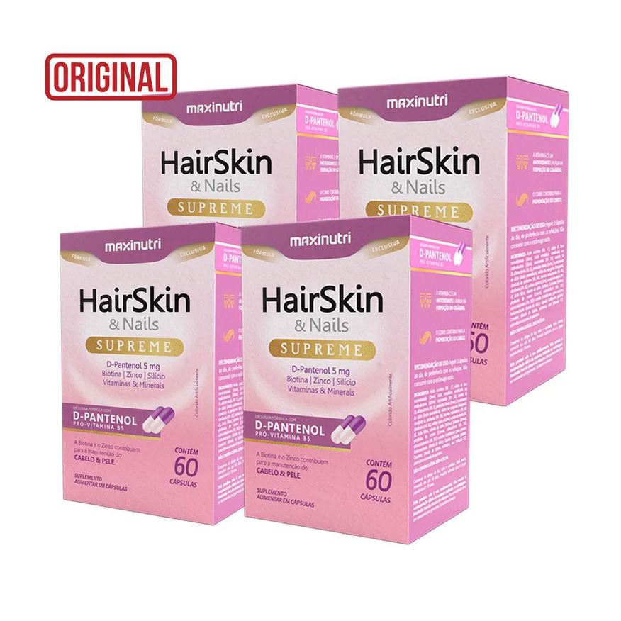 MAXINUTRI KIT 4 HAIRSKIN SUPREME D-PANTENOL BIOTINA E NUTRIENTES 60 Cápsulas