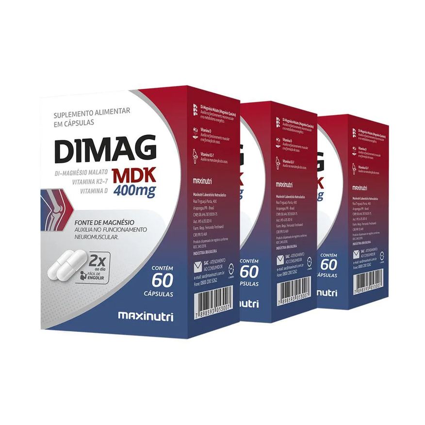 Maxinutri Kit 3 Dimag Mdk Di - Magnésio Malato com Vitamina D3 E K2 - 7 60 cápsulas
