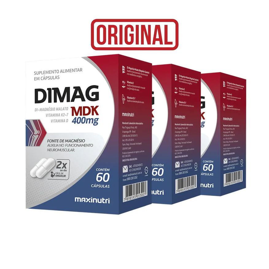 Maxinutri Kit 3 Dimag Mdk Di - Magnésio Malato Vitamina D3 E K2 - 7 60 cápsulas