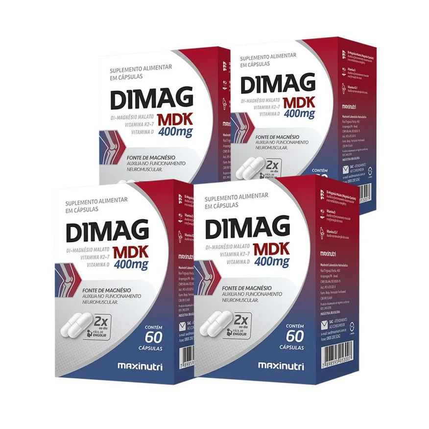 MAXINUTRI KIT 4 DIMAG MDK DI-MAGNéSIO MALATO COM VITAMINA D3 E K2-7 60 Cápsulas