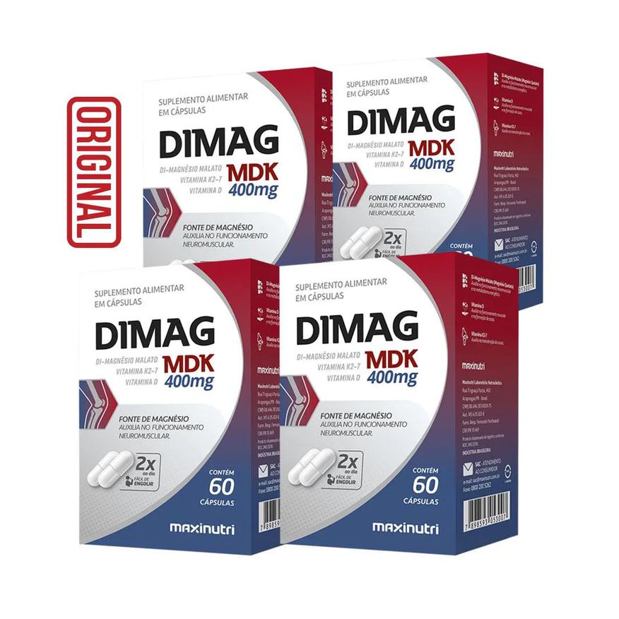 Maxinutri Kit 4 Dimag Mdk Di - Magnésio Malato Vitamina D3 E K2 - 7 60 cápsulas