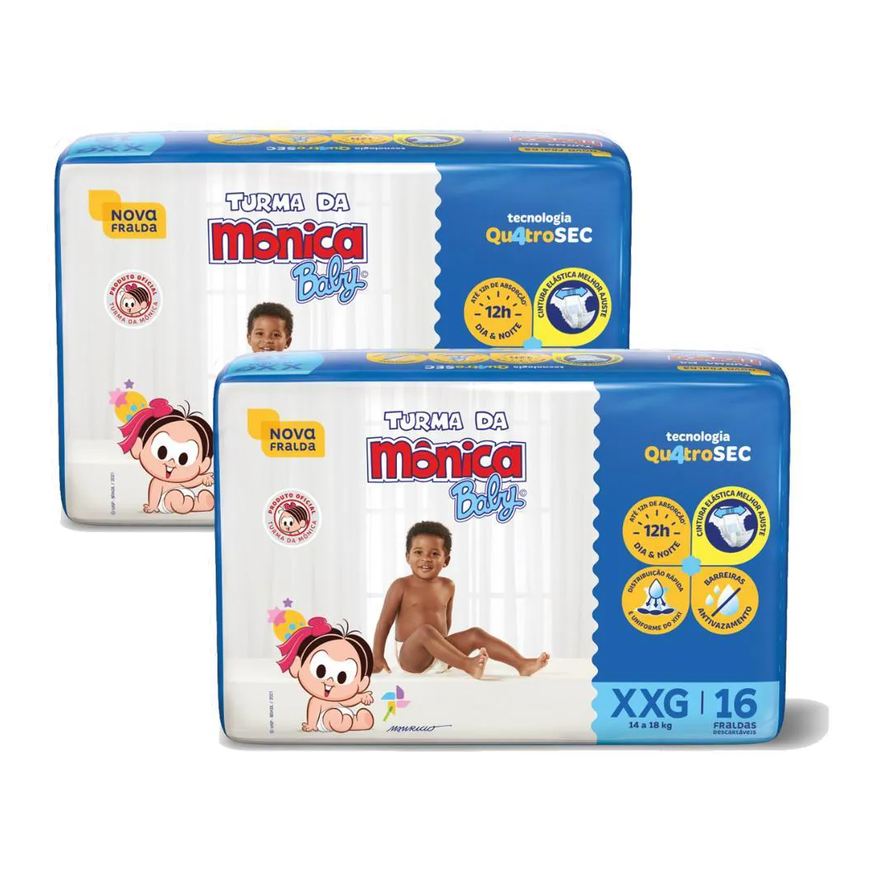 Turma da Mônica Baby Kit 2 Fraldas Jumbo Xxg com 16un Cada