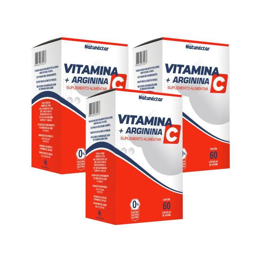 Natunéctar Kit Vitamina C + Arginina Fortalecedor Imunológico 650mg - 3 Unid (180 Cápsulas)