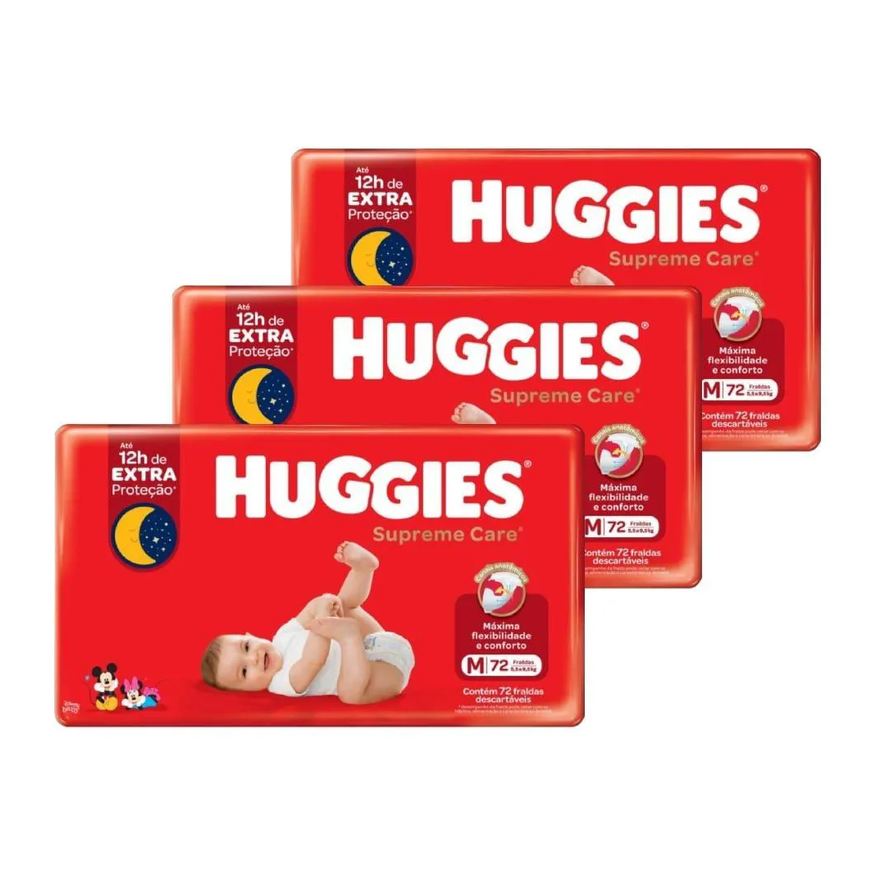 Huggies Fralda Descartável Hiper Supreme Care Tamanho M - 3 Pacotes com 72 Fraldas - Total de 198 Tiras