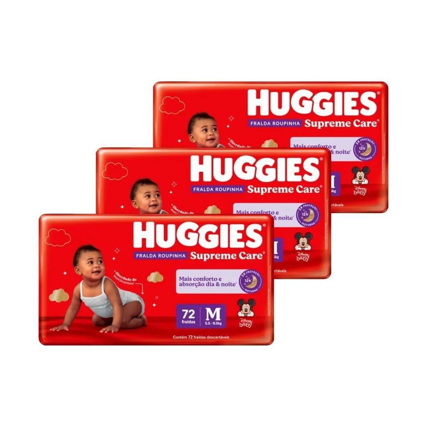 Huggies Fralda Descartável Hiper Roupinha Supreme Care Tamanho M - 3 Pacotes com 72 Fraldas - Total 216
