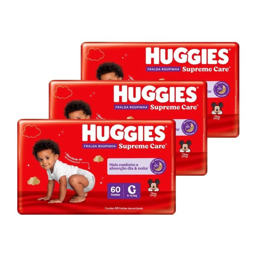Huggies Fralda Descartável Hiper Roupinha Supreme Care Tamanho G - 3 Pacotes com 60 Fraldas - Total 180 Tiras
