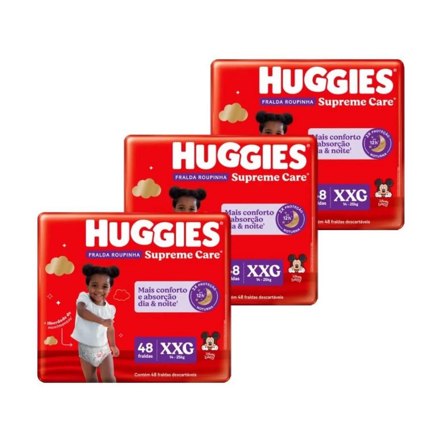 Huggies Fralda Descartável Hiper Roupinha Supreme Care Tamanho Xxg - 3 Pacotes com 48 Fraldas - Total 144 Tiras