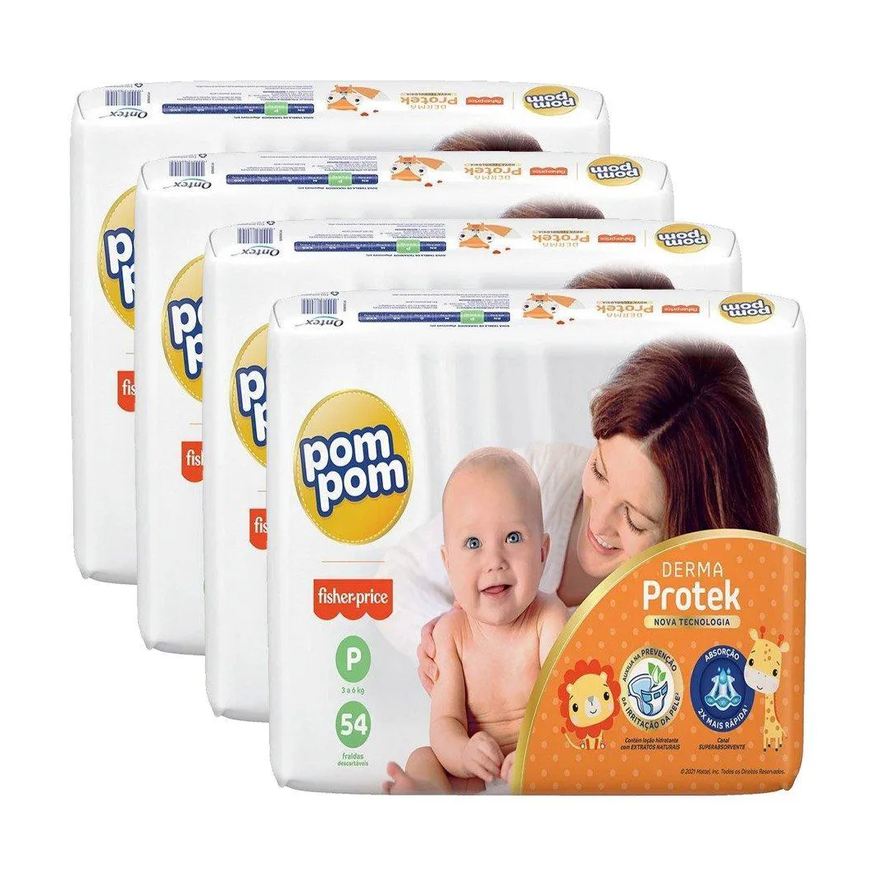 Pom Pom Fralda Descartável Derma Protek Mega Tamanho P - 4 Pacotes com 54 Fraldas - Total 216