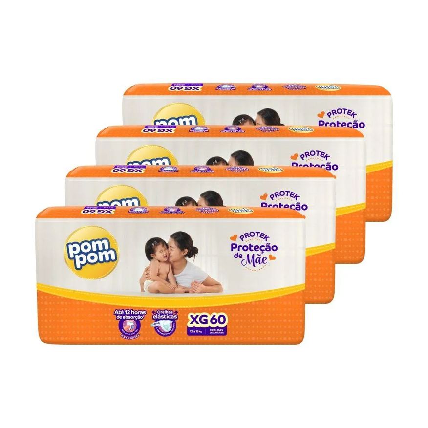 Pom Pom Fralda Descartável Derma Protek Hiper Tamanho Xg - 4 Pacotes com 60 Fraldas - Total 240 Tiras