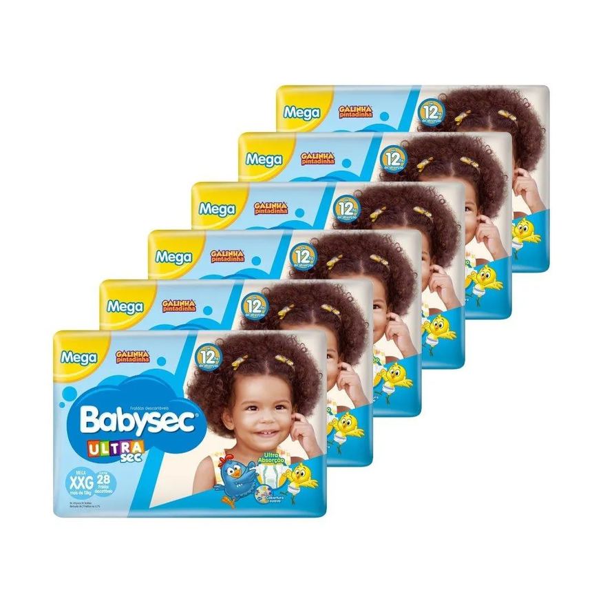Babysec Fralda Descartável Ultra Mega Galinha Pintadinha Tamanho Xxg - 6 Pacotes com 28 Fraldas - Total 168 Tiras