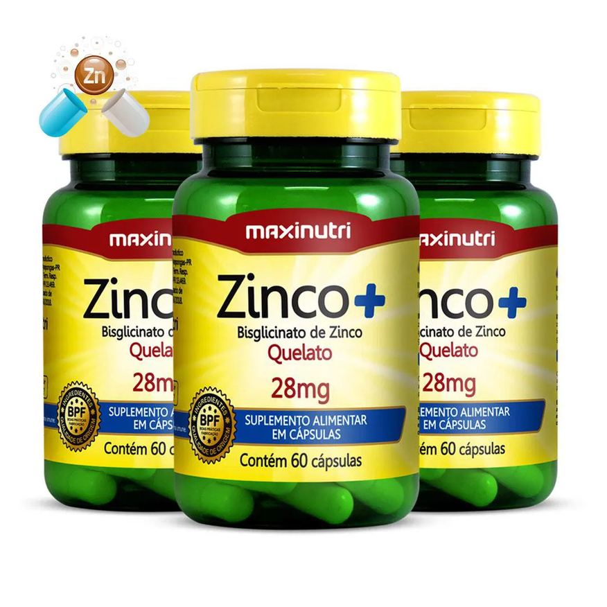 Maxinutri Kit 3 Zinco+ Bisglicinato de Zinco Quelato 28mg 60 cápsulas