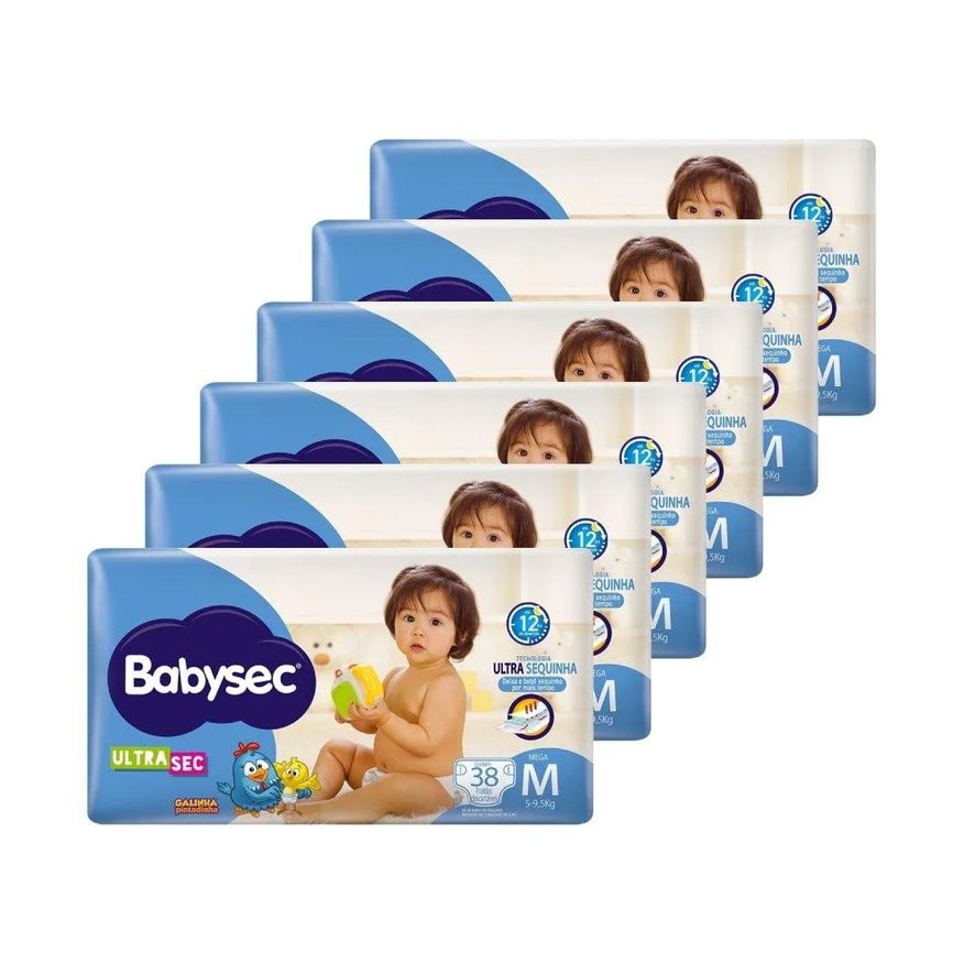 Babysec Fralda Descartável Galinha Pintadinha Ultra Mega Tamanho M - 6 Pacotes com 38 Fraldas - Total 228 Tiras