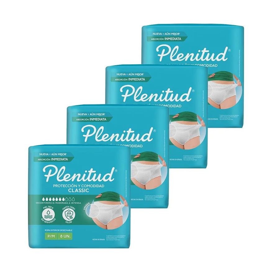 Plenitud Roupa Íntima Classic Intensa Tamanho P/m - 4 Pacotes com 8 Fraldas - Total 32 Tiras