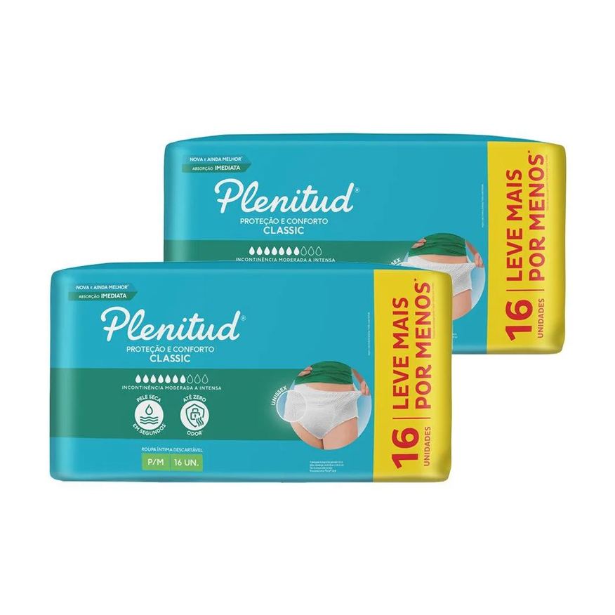 Plenitud Roupa Íntima Classic Intensa Tamanho P/m - 2 Embalagens com 16 Fraldas - Total 32 Tiras