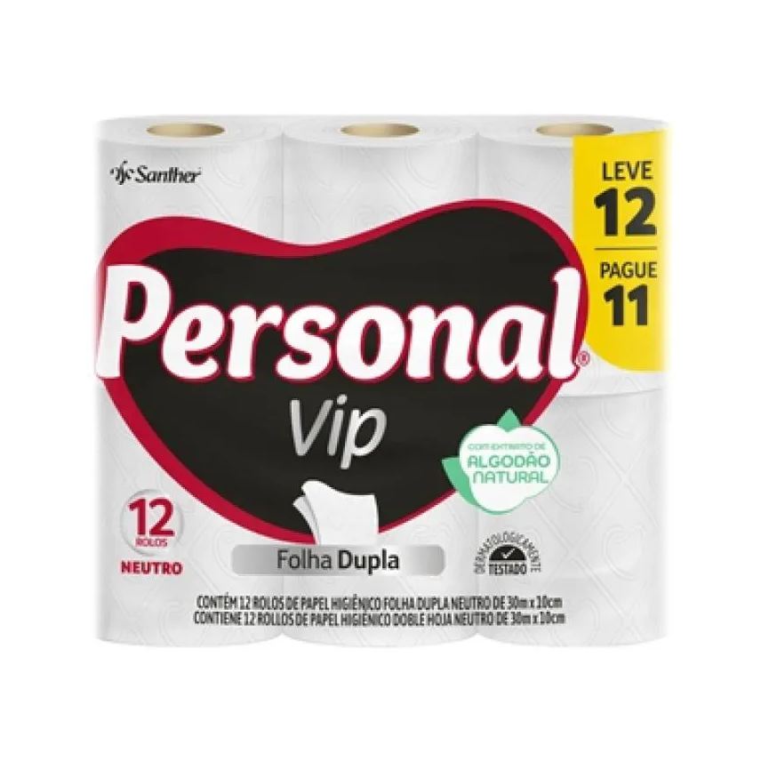 Higiênico Papel Personal Vip Folha Dupla Neutro 30m 6 Embalagem com 12 unidades